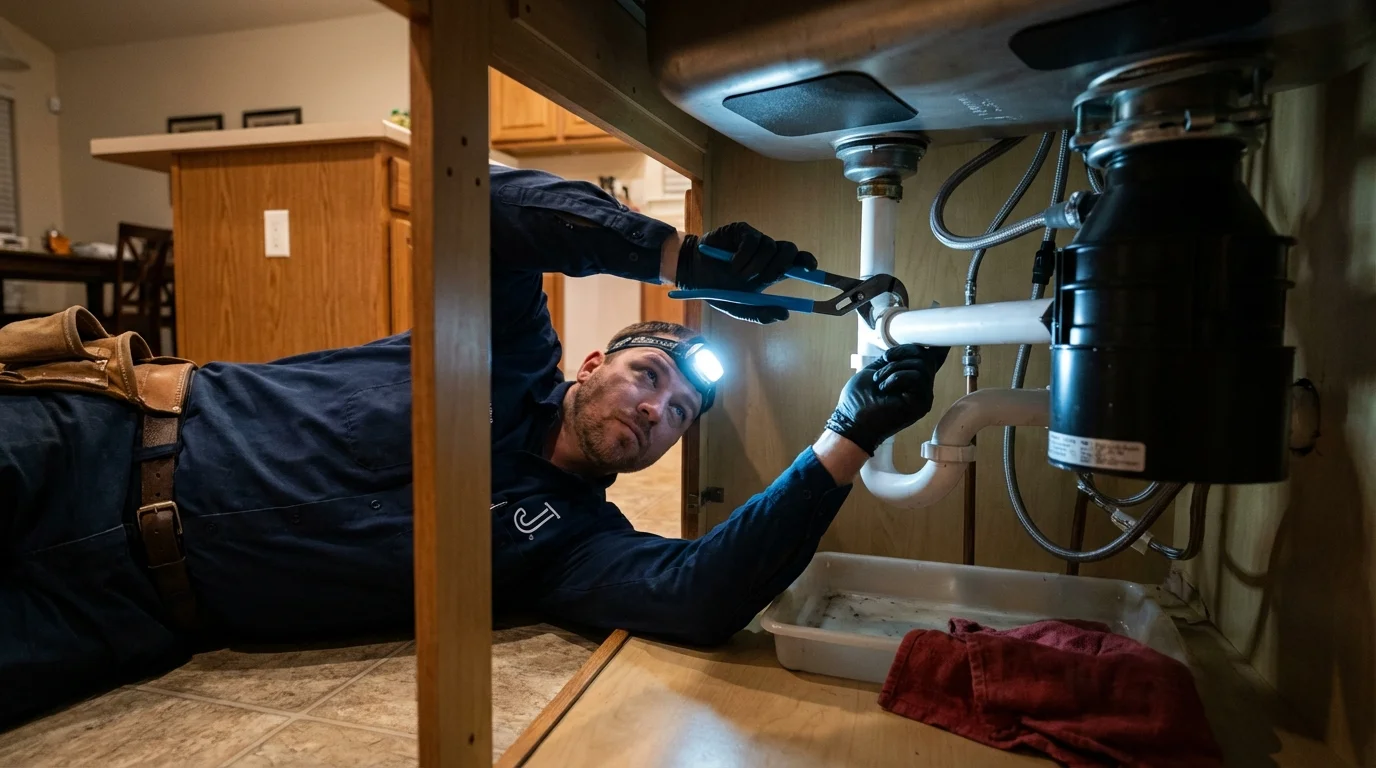 P-trap and supply line connections under a kitchen sink showing a common leak point in Temple City, CA